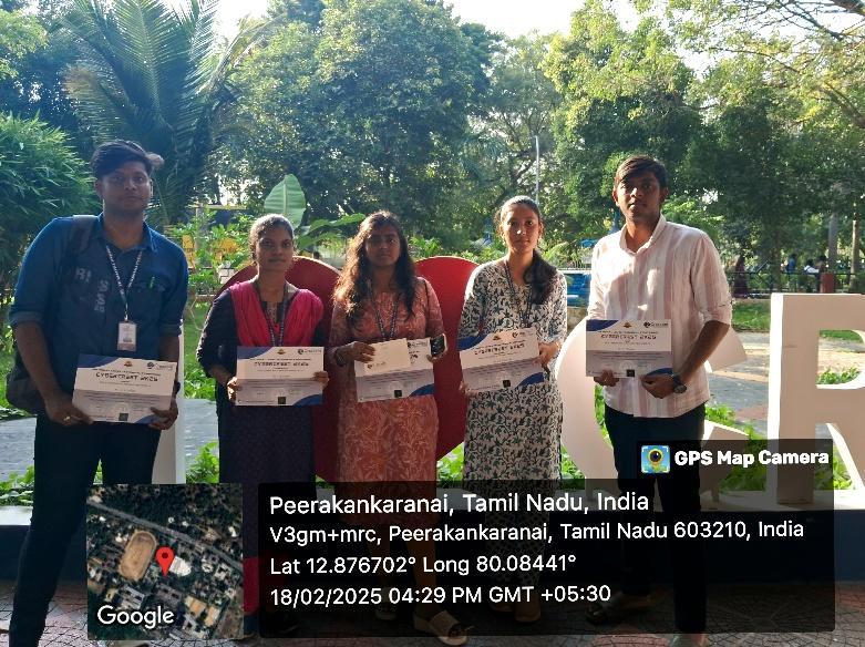 Group of students from SMVEC holding certificates at an award ceremony in Peerkankaranai, Tamil Nadu, captured with GPS Map Camera on February 18, 2025.