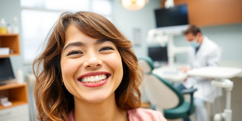 Happy patient smiling at the dentist's office.