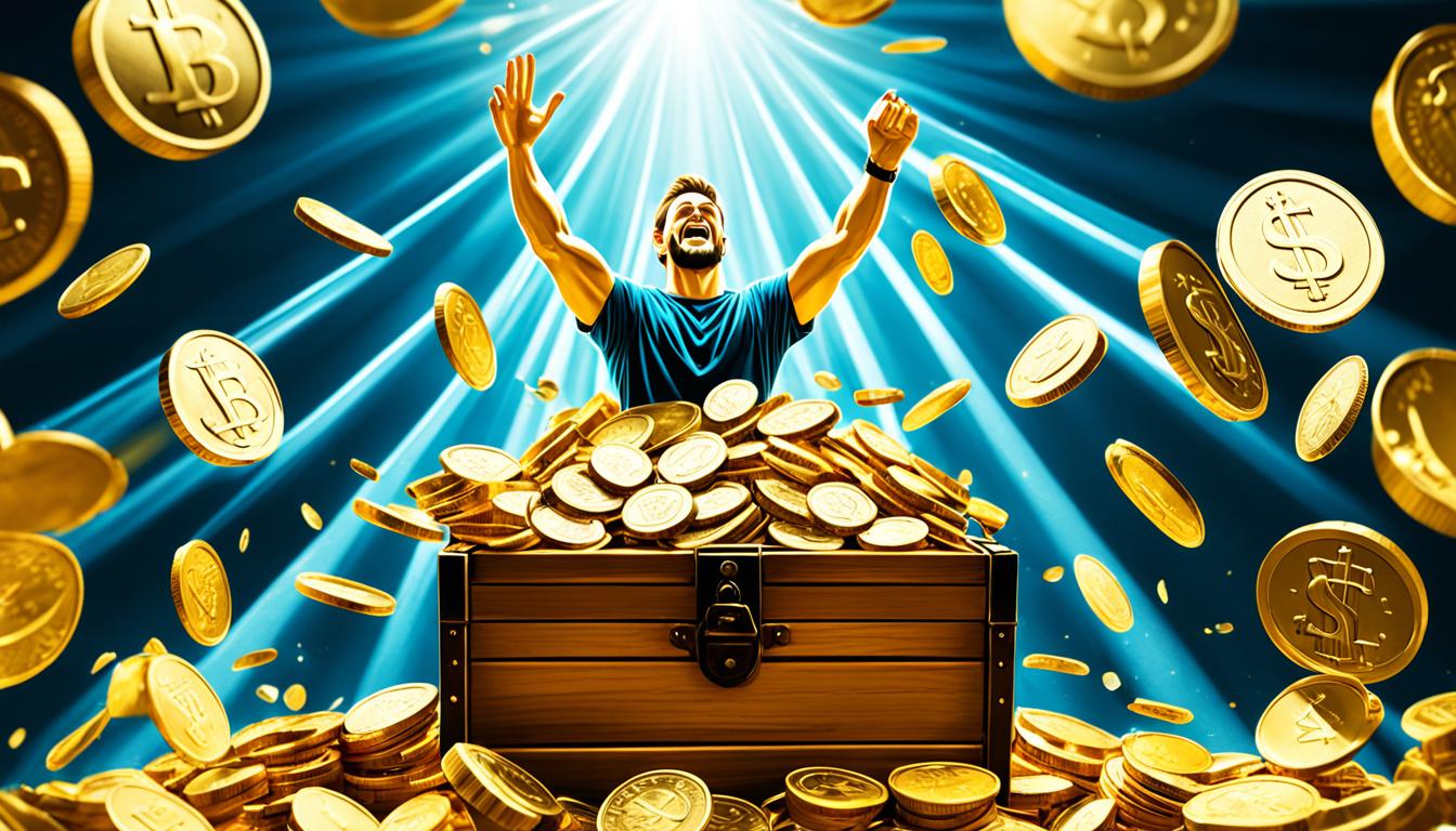 A pile of golden coins and banknotes bursting out of a treasure chest, surrounded by rays of light representing abundance and success. In the background, a silhouette figure with arms raised high in celebration.