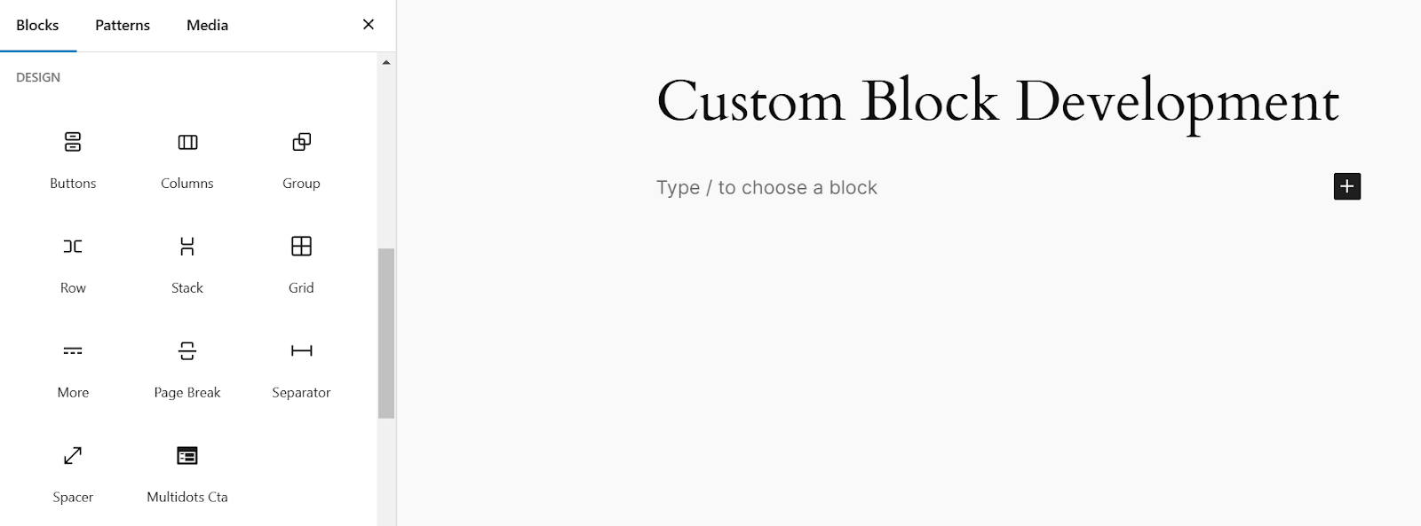 Checking the updated icon of the custom block in the block inserter tool. 