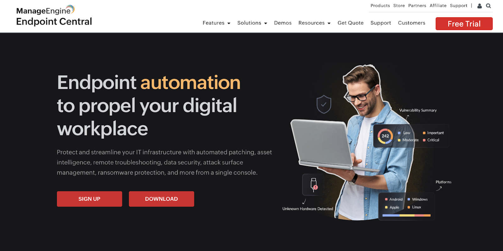 Screenshot of ManageEngine Endpoint Central - Best for hybrid (remote + on-premise) IT environments. It says, "Endpoint automation to propel your digital workplace."