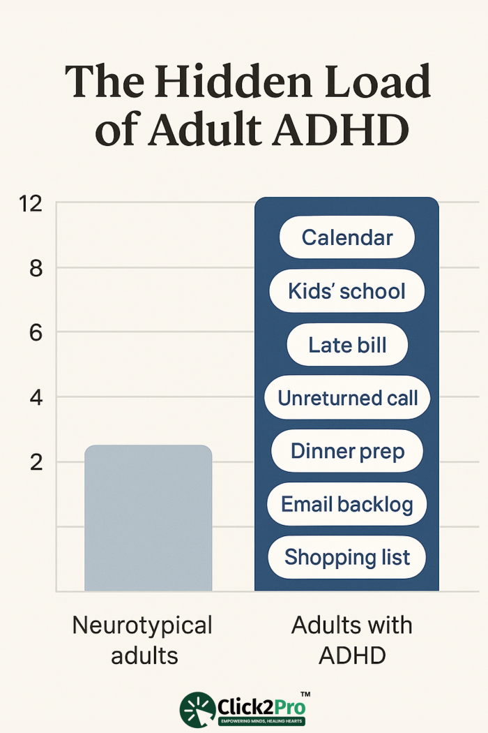 Bar chart comparing mental load of neurotypical adults vs adults with ADHD tasks