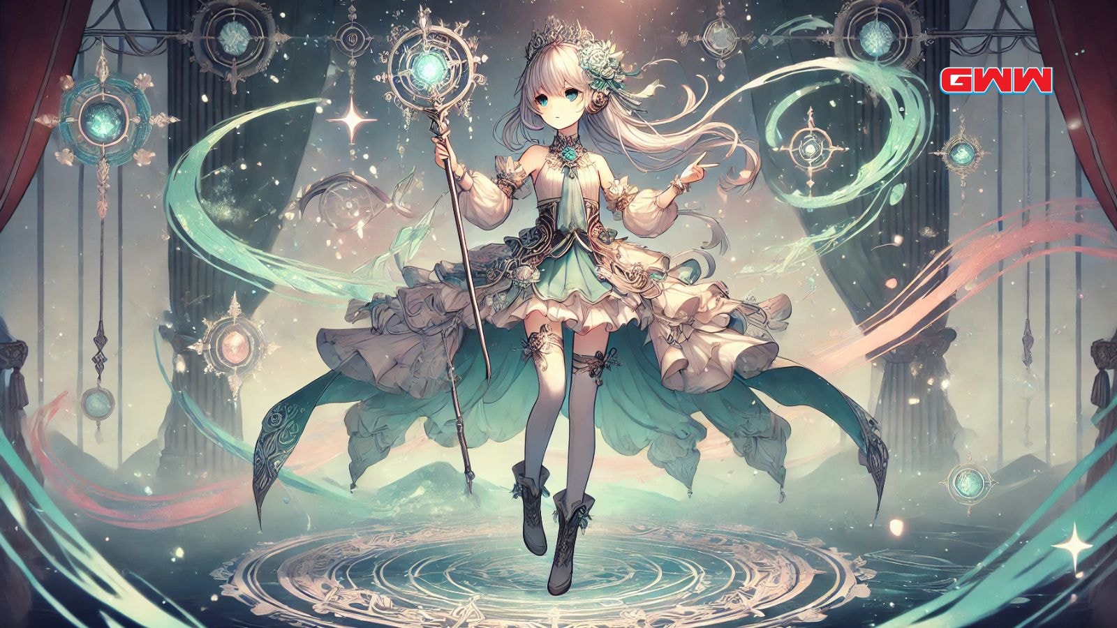 Magia Record wizard in a green dress and holding a staff.