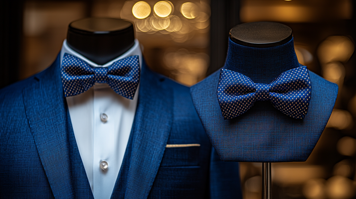 On the left side a mannequin, dressed in a royal blue suit with a bow tie. On the right side, a mannequin bust displaying only the bow tie. The background is minimalistic and elegant, with soft lighting emphasizing the fabric details and luxurious appeal.