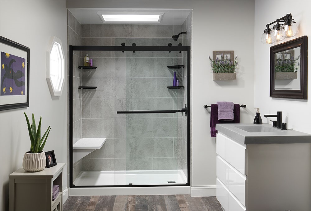 Photo of a new walk-in shower complete with a bench seat and corner caddies.&lt;br&gt;&lt;br&gt;Pulled from ZINTEX website.