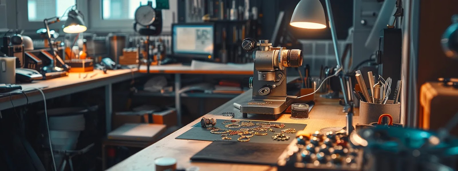 an elegant jewelry design studio in tampa, showcasing a skilled jeweler meticulously crafting a stunning custom piece under bright, focused lighting, with a sleek workspace filled with tools and materials that reflect a commitment to quality and affordability.