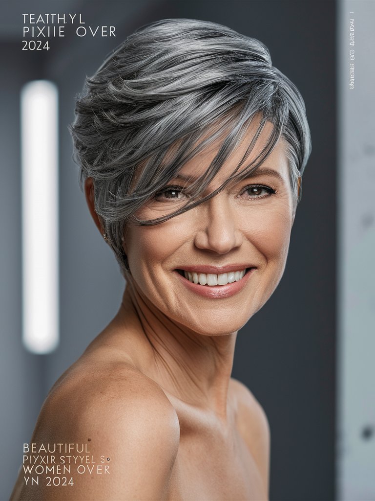 23. Feathered Gray Pixie with Side Swept Bangs