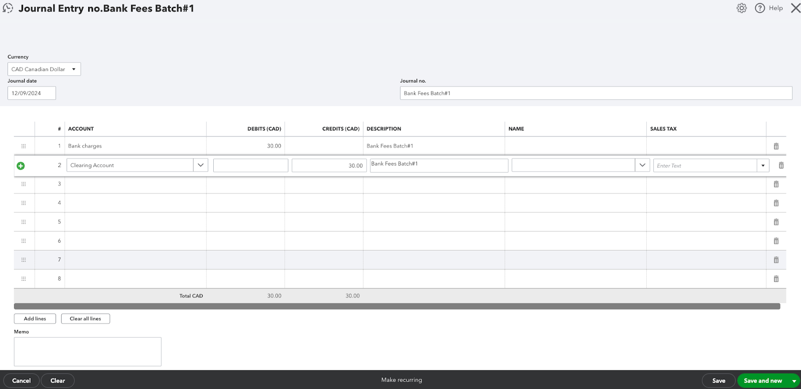 QuickBook journal entry