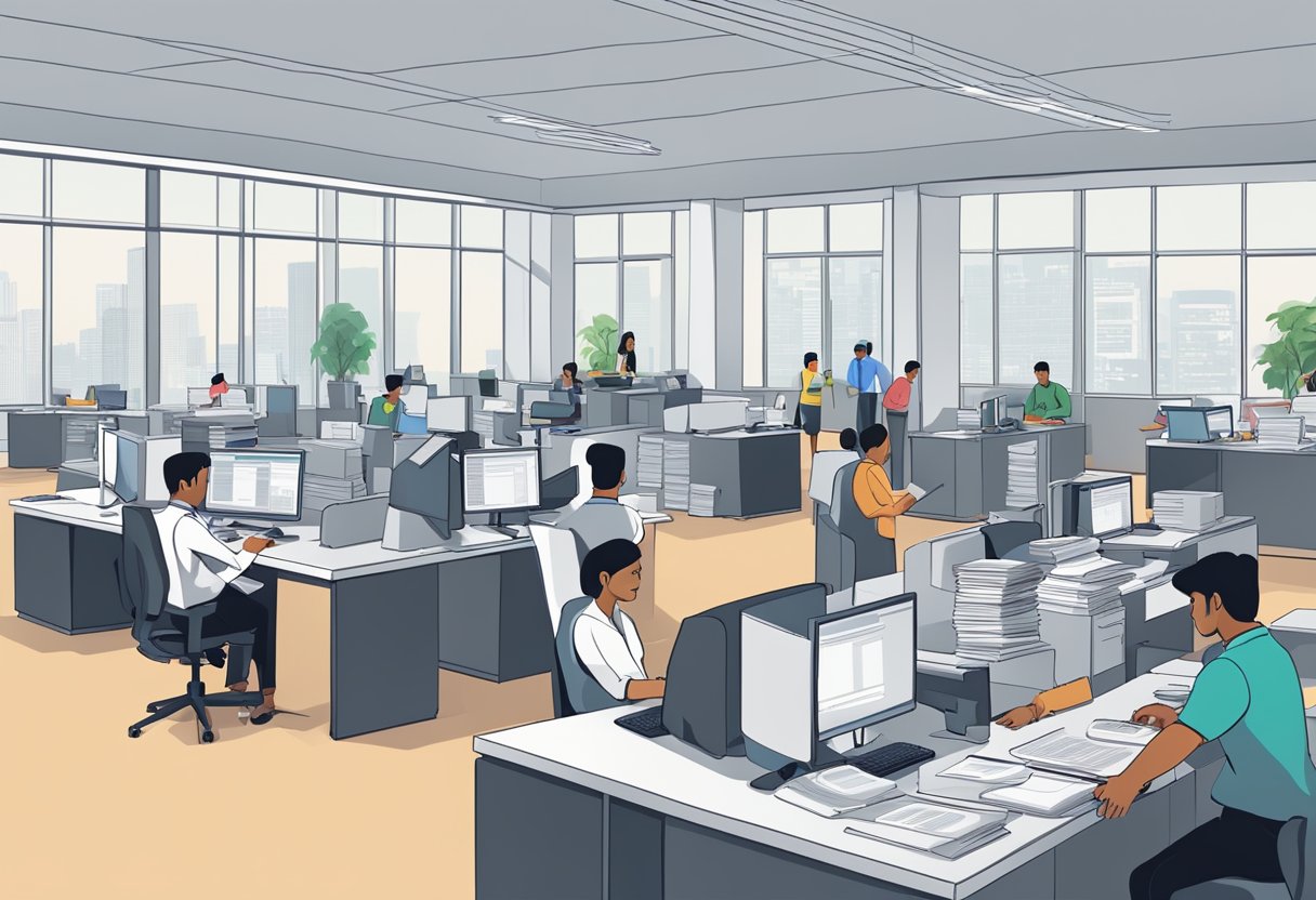 A bustling office in Bangladesh, with workers inputting data into HR automation systems. Legal documents are stacked on desks, highlighting the importance of compliance in the HR industry