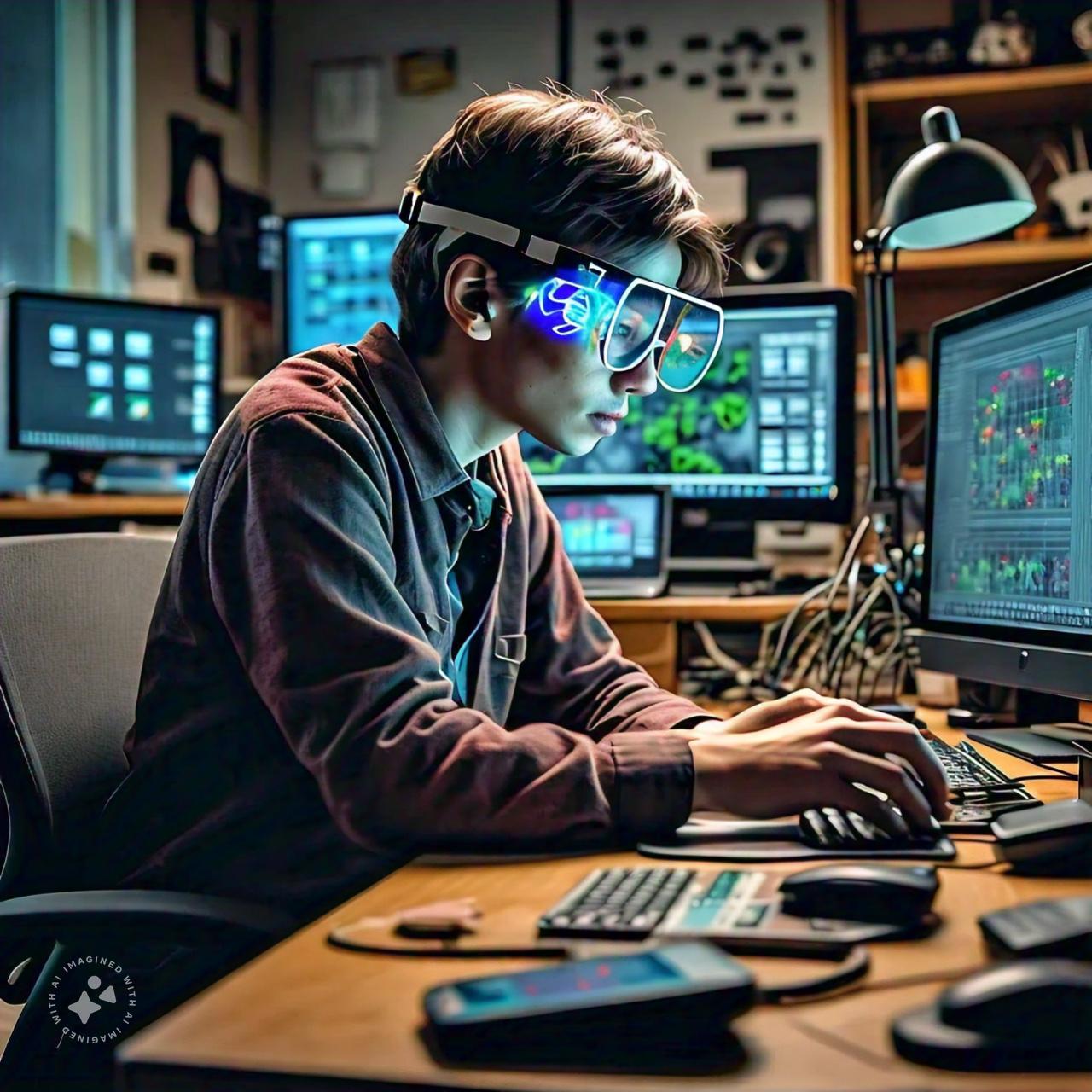 A person wearing goggles and sitting at a desk with multiple computer screens<br />
<br />
Description automatically generated