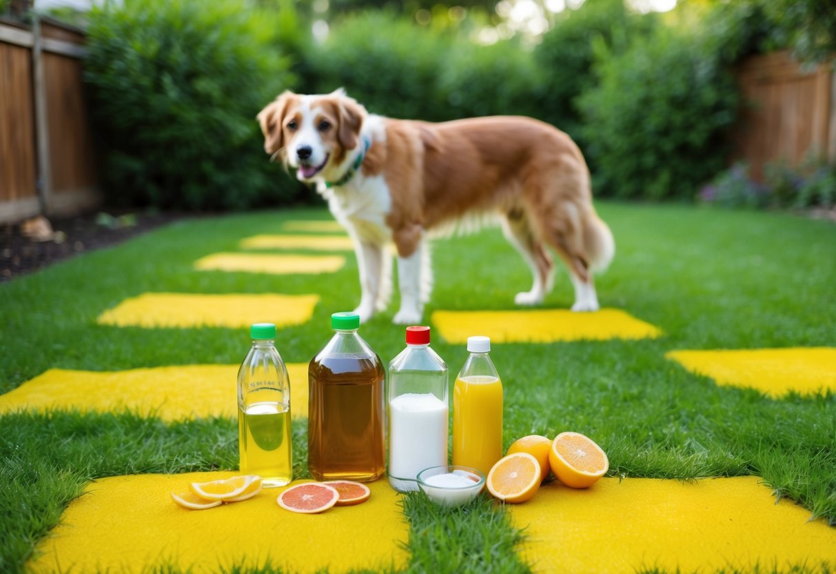 A lush green backyard with a dog standing near yellowed patches of grass, surrounded by various natural remedies like vinegar, baking soda, and citrus peels