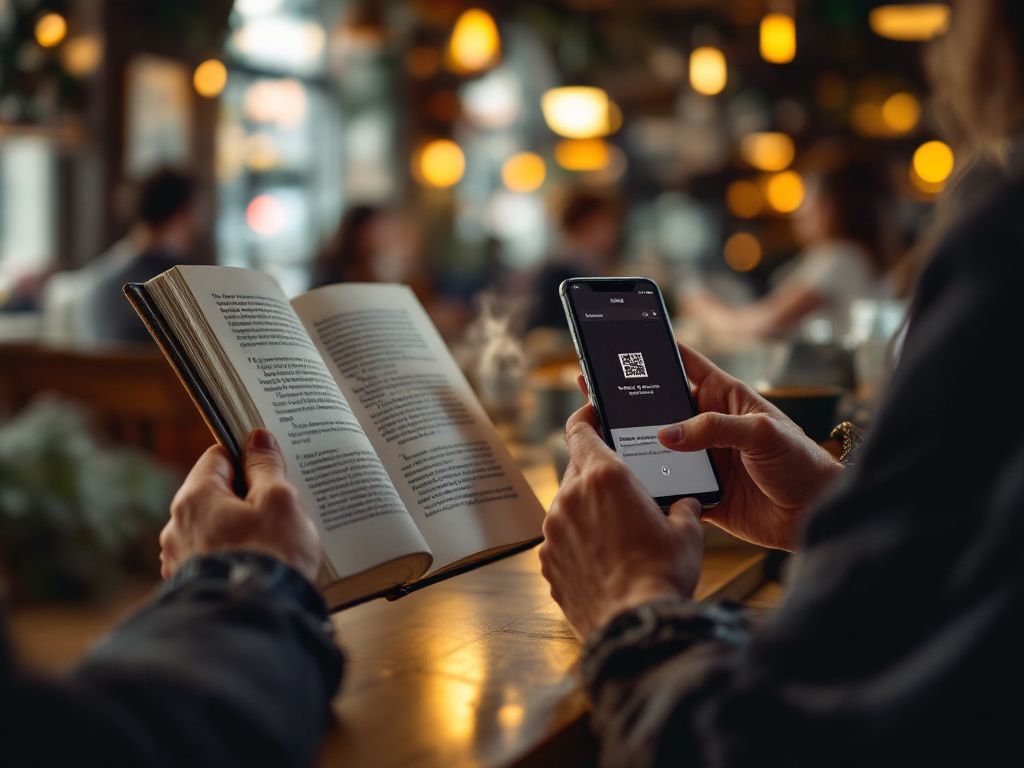 Reader using smartphone to scan book's QR code in cafe