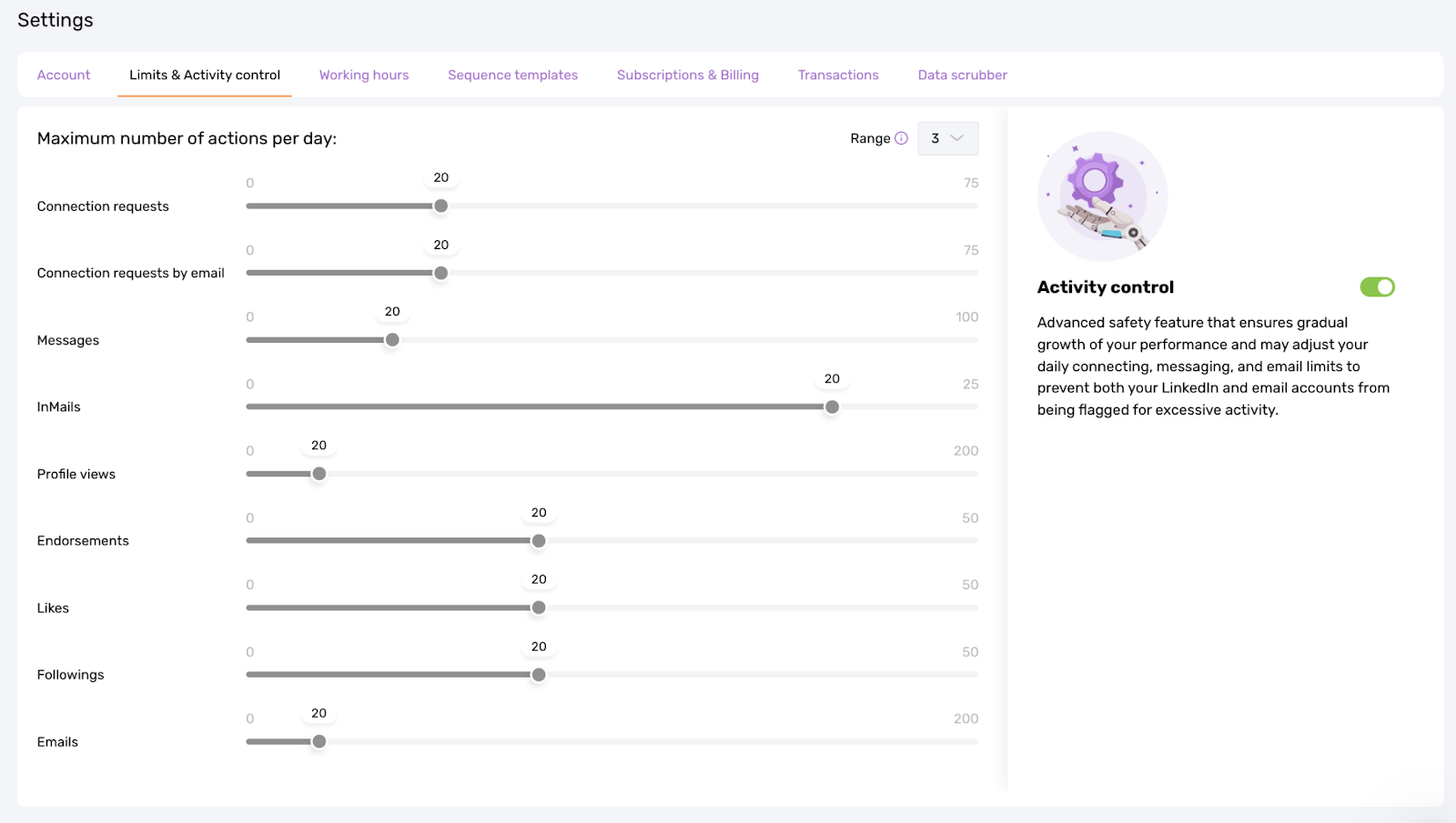 Dripify has a customizable limit control.
