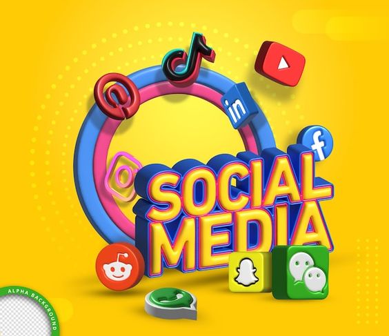 This contains an image of social media logo surrounded by various icons and symbols on a bright yellow background