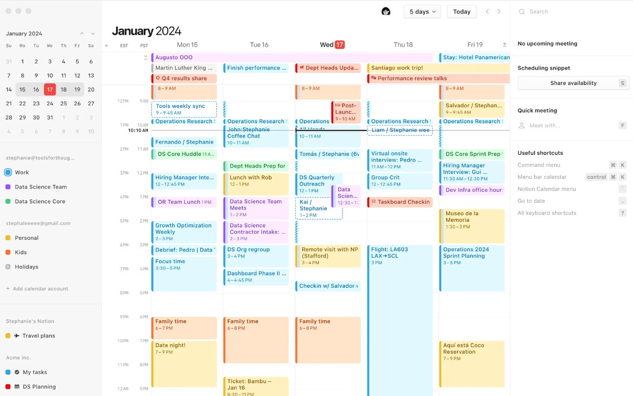 Screenshot of the Notion interface with its color-coded calendar view.