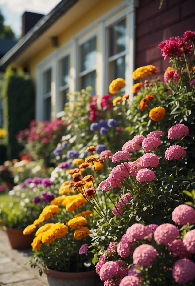 A colorful array of flowers lines the front of a house, creating a vibrant border that adds beauty and charm to the landscape