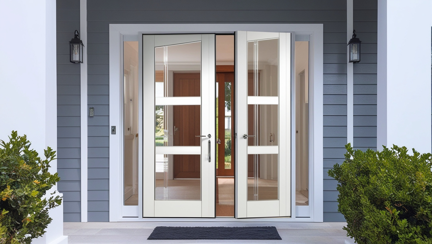 brighton modern fiberglass 3 lite clear glass double door