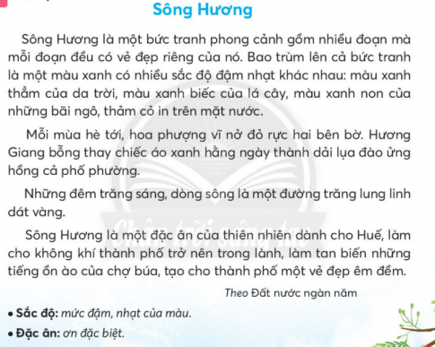 BÀI 4: SÔNG HƯƠNGKHỞI ĐỘNGĐố bạn về tên dòng sông:Sông gì tên gọi đã xanh?Sông gì không nhuộm mà quanh năm hồng?Giải nhanh:  Sông Lam, sông HồngKHÁM PHÁ VÀ LUYỆN TẬPCâu 1: Đọca. Trong đoạn 1, bức tranh sông Hương được tả bằng những màu sắc nào?b. Khi mùa hè tới, màu sắc của sông Hương thay đổi như thế nào?c. Vào những đêm trăng sáng, sông Hương giống với hình ảnh gì?d. Vì sao sông Hương là một đặc ân của thiên nhiên dành cho Huế?Trả lời: a. Trong đoạn 1, bức tranh sông Hương được tả bằng những màu sắc là: màu xanh thẳm của da trời, màu xanh biếc của lá cây, màu xanh non của bãi ngô.b. Khi mùa hè tới, màu sắc của sông Hương thay đổi: hoa phượng vĩ nở đỏ rực, Hương Giang thành dải lụa hông cả phố phường.c. Vào những đêm trăng sáng, sông Hương giống với đường trăng lung linh dát vàng.d. Sông Hương là một đặc ân của thiên nhiên dành cho Huế vì: làm cho không khí thành phố trở nên trong lành, làm tan biến những tiếng ồn ào, tạo cho thành phố vẻ đẹp êm đềm.Câu 2: Viếta. Nghe - viết: sông Hương ( từ Mỗi mùa hè tới đến dát vàng)b. Chọn vần eo hoặc vần oe thích hợp vào mỗi chỗ chấm và thêm dấu thanh (nếu cần):         Khéo l....             kh... sắc               tròn x...        l... sáng                trong v...              mạnh kh...c. Chọn vần thích hợp với mỗi dấu ba chấm và thêm dấu thanh (nếu cần):Vần iu hoặc vần iêuNhững hạt sương  mát d…N... nhau tr... trên cànhBầu trời rất là xanhNắng vàng đang kh... vũ.Theo Nhật QuangVần an hoặc vần ang.Ngọn gió thì quen bò ng...Ngọn gió xa mẹ l... thang đêm ngày.Ngọn mướp thì ưa leo câyRủ đ... bướm đến nhảy dây khắp gi...Giải nhanh: a. Nghe - viếtb.     Khéo léo, khoe sắc, tròn xoeLóe sáng, trong veo, mạnh khỏec.Dịu, níu, trĩu, khiêu.Ngang, lang, đàn, giàn.Câu 3: Thực hiện các yêu cầu dưới đây:a. Cách viết các từ ngữ ở thẻ màu xanh và thẻ màu hồng có gì khác nhau? Vì sao?b. Viết tên:Một dòng sông, dòng suối hoặc một dòng thác.Một ngọn núi, hòn đảo hoặc một bãi biển.Giải nhanh: Cách viết ở thẻ màu hồng là chỉ sự vật chung Thẻ màu xanh là viết tên riêng một địa danh cụ thể sau đó là chú thích () loại sự vật được nêu. Hồng, suối Tiên, thác Bản Giốcnúi Ba Vì, đảo Phú Quốc, bãi biển Nha Trang.Câu 4: Đặt 2- 3 câu giới thiệu một cảnh sông nước hoặc núi non mà em biết.Giải nhanh: - Bãi biển Đà Nẵng xinh đẹp vô cùng.- Sông Hồng là dòng sông lớn nhất miền Bắc nước ta.Câu 5: Kể chuyệna. Nghe kể chuyện.b. Kể từng đoạn của câu chuyện Sự tích Hồ Gươm và từ ngữ gợi ý dưới tranh c. Kể lại toàn bộ câu chuyện.Trả lời: a. Học sinh tự nghe kể chuyệnb.c. Sự tích Hồ GươmNgày xưa, giặc Minh sang xâm lược nước ta. Chúng đốt nhà, cướp của, giết người khiến nhân dân ta vô cùng khổ cực.         Thửa ấy, ở nước ta có ông Lê Lợi, thấy giặc Minh sang cướp nước ta, lại giết hại cả nhân dân ta thì vô cùng căm giận, bèn đứng lên chiêu mộ binh sĩ để đánh đuổi chúng.         Năm ấy, sau một trận đánh lớn, Lê Lợi đem quân về trú tại một làng nhỏ ở ven sông. Nhân lúc rỗi rãi, mấy người lính của Lê Lợi rủ nhau đi đánh cá ở một khúc sông sâu. Vừa thả một lúc, họ thấy mặt nước xao động. Đoán là có cá to mắc lưới, họ liền kéo lưới lên thì thấy trong lưới có một thanh gươm chuôi nạm ngọc rất đẹp. Một người lính lên tiếng:          -Không biết thanh gươm qúi này là của ai nhỉ ?         Người lính vừa dứt lời thì có tiếng nói ở dưới sông vọng lên:          -Thanh gươm đó là của ta.Ta cho Lê Lợi mượn để giết giặc Minh. Các ngươi hãy mang thanh gươm đó về dâng cho Lê Lợi.         Nghe thấy tiếng nói lạ, mấy người lính sợ hãi nhìn nhau. Người lính lớn tuổi nhất hỏi:          -Nhưng ngươi là ai ? Xin cho chúng tôi biết để chúng tôi còn về thưa lại với chủ tướng Lê Lợi.         Giọng nói lúc nãy lại từ mặt sông vọng lên, lần này rành rọt hơn:          -Ta là Long Quân. Lưỡi gươm ấy là gươm thần, ta cho Lê Lợi mượn để giết giặc Minh. Các ngươi hãy mang thanh gươm đó về dâng cho Lê Lợi.         Từ khi có thanh gươm thần, nghĩa quân Lê Lợi càng đánh càng mạnh, giặc Minh thua chạy tơi bời. Nhiều trận, quân giặc chết như rạ. Về sau, giặc Minh sợ quá, cả tướng lẫn quân phải kéo nhau ra xin đầu hàng. Nghĩa quân Lê Lợi đại thắng, Lê Lợi lên ngôi vua, nhân dân ta được sống thanh bình, yên vui.         Một năm sau, nhân ngày trời trong gió mát. Lê Lợi cùng các quan đi thuyền dạo chơi trên hồ Tả Vọng. Khi thuyền nhà vua vừa đến giữa hồ thì bỗng có một con rùa vàng rất to từ dưới nước nhô lên, hướng về phía thuyền nhà vua. Rùa vàng gật đầu ba cái chào vua Lê Lợi rồi nói:          -Xin nhà vua trả gươm cho Long quân.         Thoạt nghe Rùa vàng đòi gươm, Lê Lợi rất ngạc nhiên, nhưng sau nhớ lại thanh gươm mấy người lính đã dâng cho mình dạo nọ, Lê Lợi mới hiểu ra. Ông liền rút thanh gươm đeo bên mình ra khỏi vỏ. Thì lạ thay thanh gươm rời khỏi tay nhà vua, bay vụt về phía Rùa vàng. Nhanh như cắt Rùa vàng há miệng đớp lấy thanh gươm, gật đầu chào vua Lê Lợi rồi lặn xuống nước.         Từ đó, để tỏ lòng ghi nhớ công ơn của Long Quân đã cho mình mượn gươm thần giết giặc, Lê Lợi bèn đổi tên hồ Tả Vọng thành hồ Hoàn Kiếm.         Hoàn Kiếm nghĩa là trả lại gươm. Hồ này còn được gọi là Hồ Gươm.Câu 6: Luyện tập thuật lại việc được tham gia (tiếp theo)a. Em hãy sắp xếp lại thứ tự các công việc cần làm một tấm bưu thiếp chúc mừng mẹ hoặc cô nhân ngày quốc tế phụ nữ.b. Viết 4 - 5 câu thuật lại việc làm bưu thiếp.Trả lời: a. Sắp xếp lại thứ tự các công việc cần làm một tấm bưu thiếp chúc mừng mẹ hoặc cô nhân ngày quốc tế phụ nữ là:Chuẩn bị các vật liệu cần thiết.Vẽ hình bưu thiếpCắt theo hình đã vẽTrang trí bưu thiếpViết lời chúc mừng.b. Đầu tiêng cần phải chuẩn bị các vật liệu cần thiết. Tiếp đến, vẽ hình bưu thiếp và cắt theo hình đã vẽ. Sau đó, trang trí bưu thiếp. Cuối cùng là viết lời chúc mừng lên thiếp.VẬN DỤNG