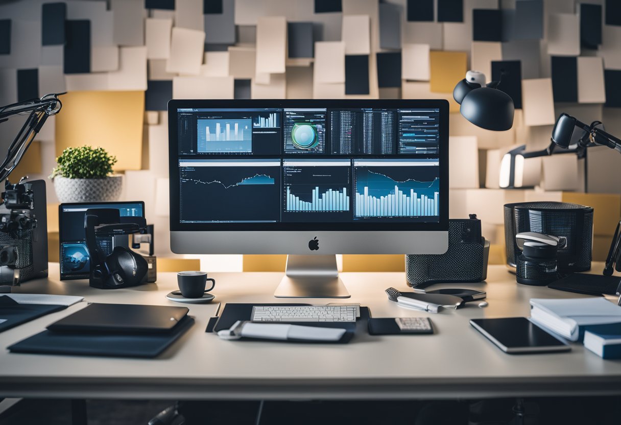 A person at a desk surrounded by computer screens, notebooks, and research materials, comparing different SEO agency options
