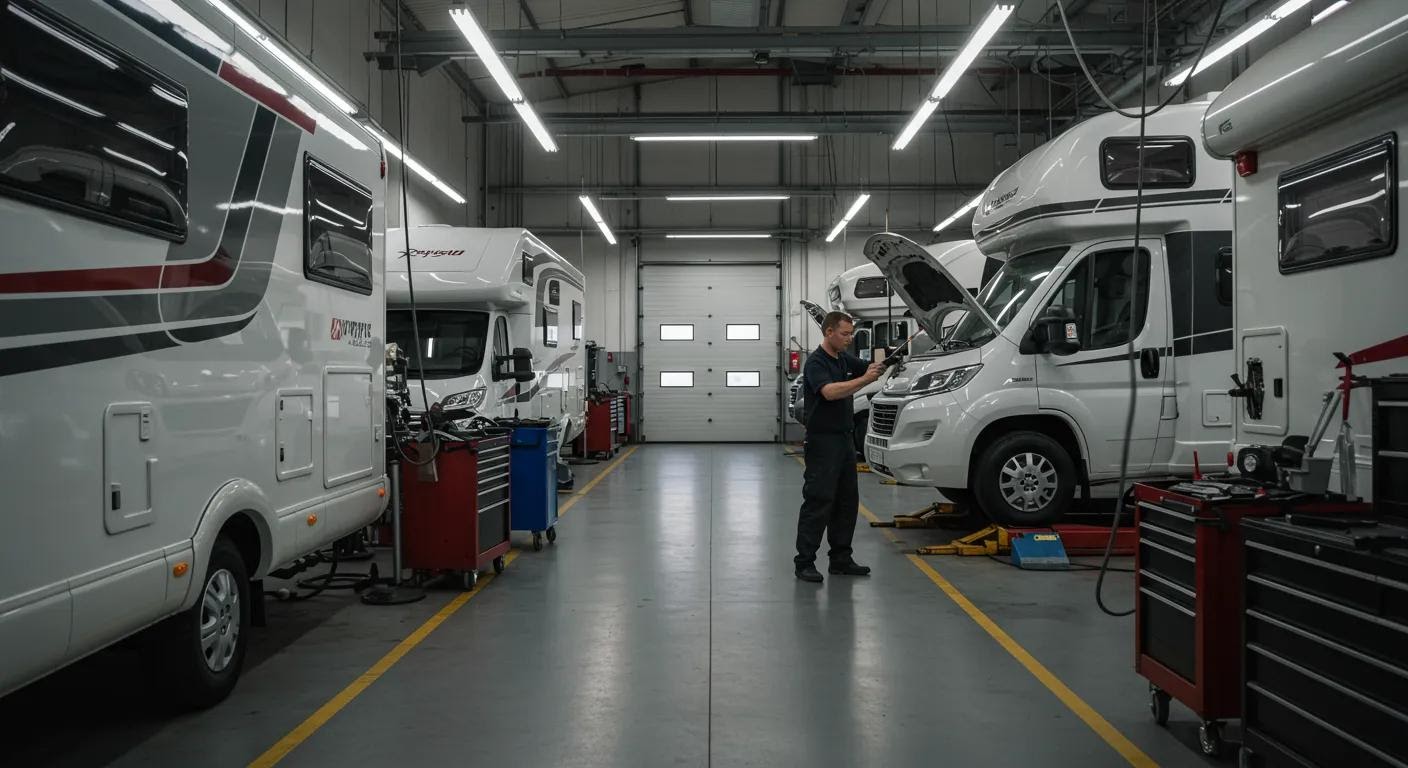 a meticulously organized rv service station, featuring a skilled mechanic inspecting various vehicle components under bright, industrial lighting, emphasizes the theme of maintaining road readiness for rv enthusiasts.