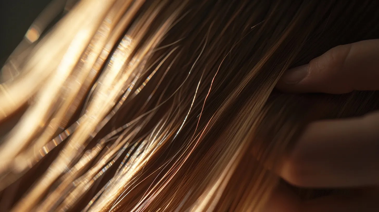 a close-up view of shiny, sleek tape-in hair extensions being expertly applied to lustrous hair, illuminated by soft, natural light to emphasize the smooth texture and vibrant color of the extensions.