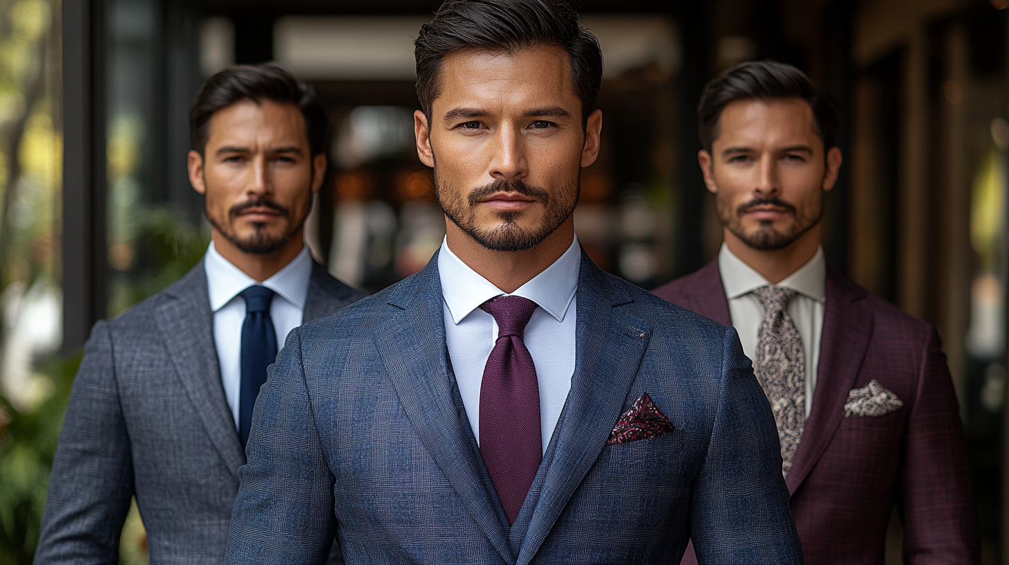 
A stylish man with olive skin wearing a perfectly tailored suit in a color that complements his skin tone. The scene includes three variations side by side: a navy blue suit with a crisp white shirt and a subtle burgundy tie, a charcoal gray suit with a light gray shirt and a dark blue tie, and a rich burgundy suit with a cream shirt and a patterned pocket square. The man stands confidently in a modern indoor setting, with soft natural lighting highlighting the fabric textures and tones. Attention to detail on the sharp fit and elegant accessories, creating a polished and sophisticated look