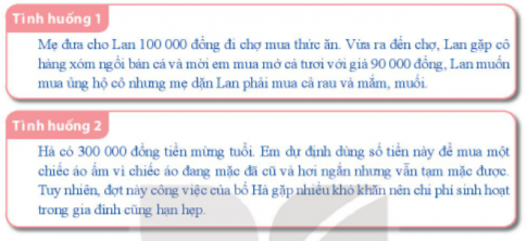 BÀI 3. QUẢN LÝ CHI TIÊUHoạt động 1: Tìm hiểu về việc kiểm soát chi tiêu và tiết kiệm tiềnCâu 1: Thảo luận về cách kiểm soát chi tiêu và tiết kiệm tiền của Hằng trong trường hợp sau: Gợi ý:- Bạn Hằng đã chi tiêu cho sinh nhật mình như thế nào? Cách chi tiêu đó có phù hợp không?- Bạn Hằng có kiểm soát được các khoản chi tiêu của mình không? Vì sao?Đáp án chuẩn:- Tự trang trí tiết kiệm: Hợp lý, vừa ý, tiết kiệm so với mua sẵn.- Thiếu kiểm soát: Đồng ý mua trà sữa vội vàng, không tính toán.Câu 2: Chia sẻ về cách kiểm soát chi tiêu và tiết kiệm tiền của em.Đáp án chuẩn:- Nuôi lợn đất.- Bố mẹ cho 20k/ngày.- Mua bánh mì 10k, sữa 8k, tiết kiệm 2k.- Tiết kiệm 60k/tháng.Hoạt động 2: Rèn luyện kĩ năng kiểm soát chi tiêu và tiết kiệmCâu 1: Đề xuất cách kiểm soát chi tiêu và tiết kiệm tiền trong các tình huống sau:Đáp án chuẩn:- Tình huống 1: Từ chối mua cá ủng hộ cô hàng xóm, mua đồ mẹ dặn.- Tình huống 2:+ Cho bố tiền mừng tuổi lo chi phí gia đình.+ Hoãn mua áo mới đến khi bố ổn định.Hoạt động 3: Lập kế hoạch chi tiêu cho sự kiện gia đìnhCâu 1: Chia sẻ:- Gia đình em thường tổ chức những sự kiện gì?- Gia đình em đã chi tiêu cho những sự kiện đó như thế nào?- Xác định những khoản chi tiêu cho một sự kiện gia đình.Đáp án chuẩn:- Sự kiện: sinh nhật, đi thăm người thân ở xa, mừng thọ, mừng đám cưới, chuẩn bị bữa cơm tất niên, làm đám giỗ...- Những khoản chi tiêu cho một sự kiện gia đình:+ Thuê địa điểm (có thể có hoặc không).+ Đồ ăn, bánh kẹo, hoa quả,...+ Nước uống: nước khoáng, nước ngọt, rượu,...Câu 2: Hãy lựa chọn một sự kiện mà em yêu thích và lập kế hoạch chi tiêu cho sự kiện đó.Đáp án chuẩn:Tên sự kiệnSố tiềnCác khoản chiĐịa điểm tổ chứcSố lượng ngườiSinh nhật bố300 000 đồng- Quà tặng: 100 000 đồng- Bánh sinh nhật: 120 000 đồng- Hoa hồng: 30 000 đồng- Dưa hấu: 20 000 đồng- Táo: 30 000 đồngTại nhà riêng4 ngườiHoạt động 4: Tổ chức sự kiện của gia đình