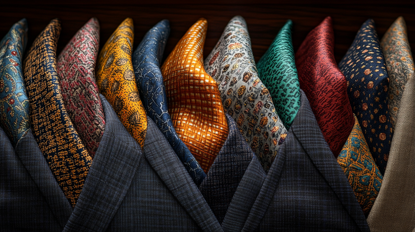 
A collection of stylish pocket squares displayed elegantly, each folded in different classic styles and placed in the breast pockets of several suits. The suits are well-tailored in a variety of neutral and dark colors, creating a striking contrast with the vibrant, patterned, and textured pocket squares. The image highlights the diversity of folds, colors, and fabrics, capturing a sense of sophistication and personal style. Soft, refined lighting emphasizes the details, textures, and elegance of each design.
