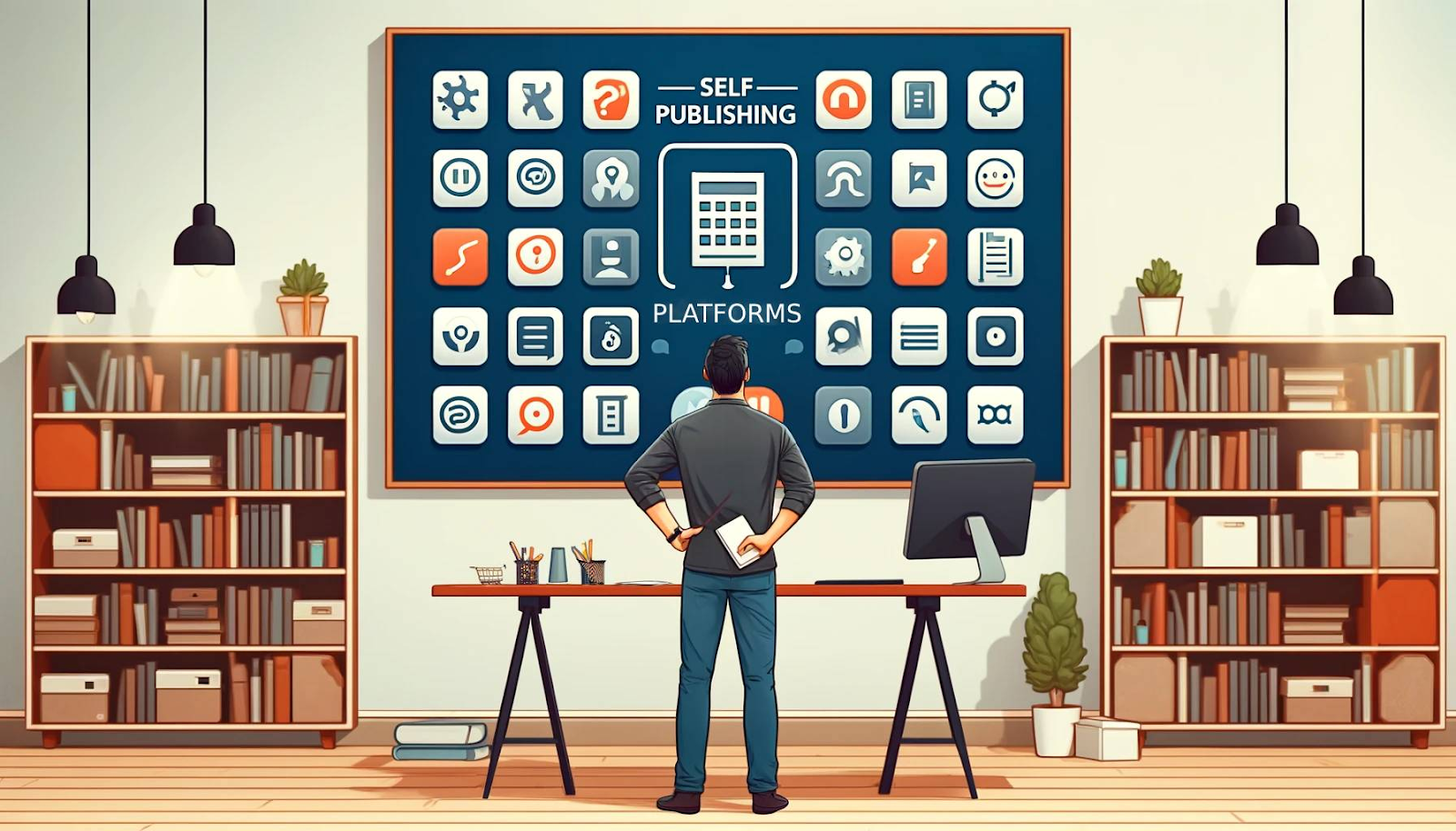 A person standing in front of a large screen displaying various icons related to self-publishing platforms. They are surrounded by bookshelves and a desk with stationery items.