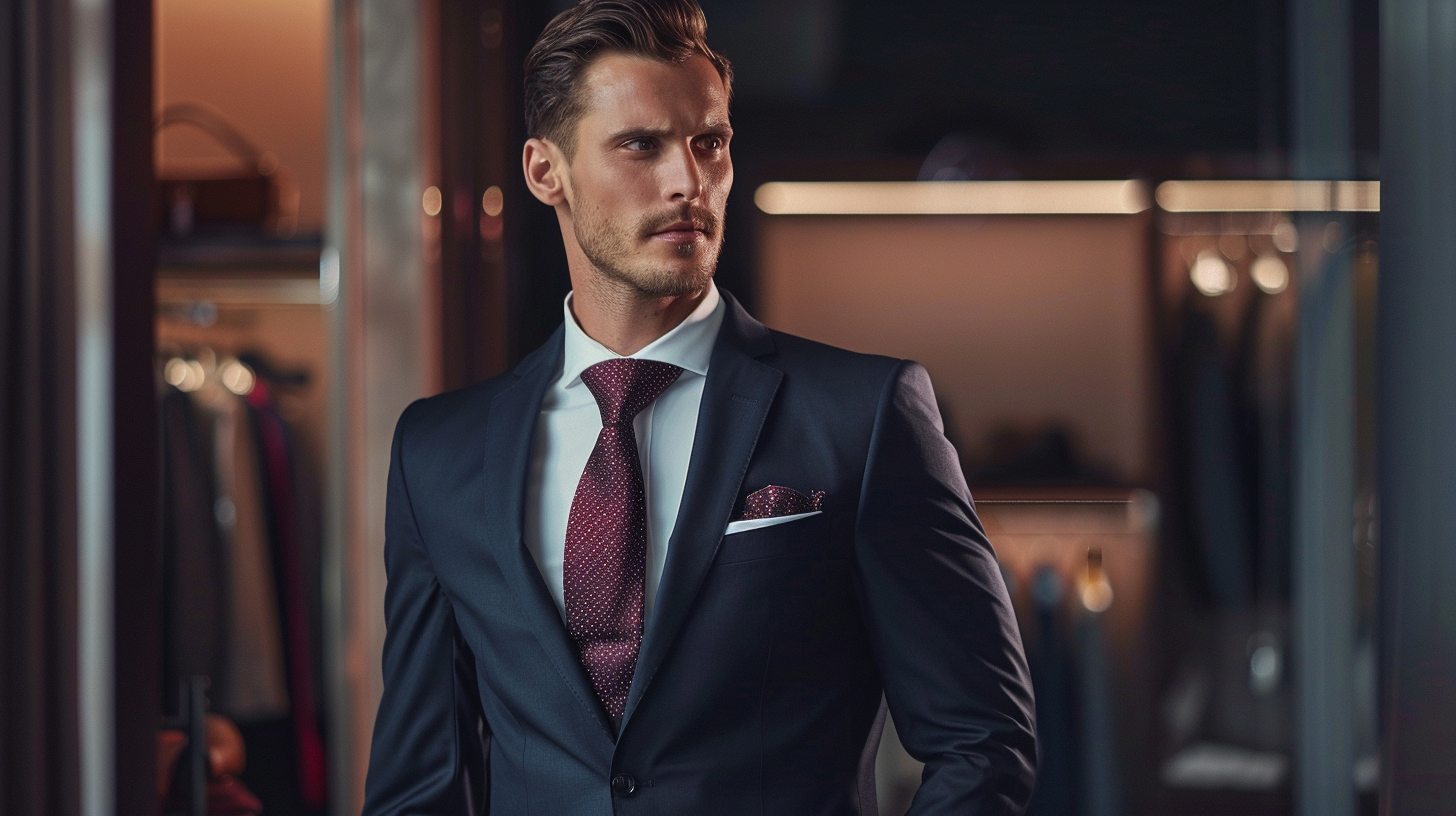 Man in a modern fit suit that blends tailoring and comfort, medium structure and clean lines, adaptable to work, weddings, or formal dinners.