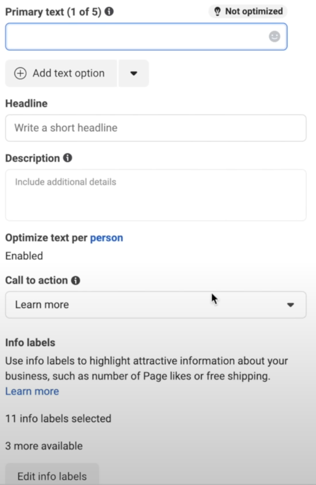 Ad text settings, with Headline, Description, and Call to action