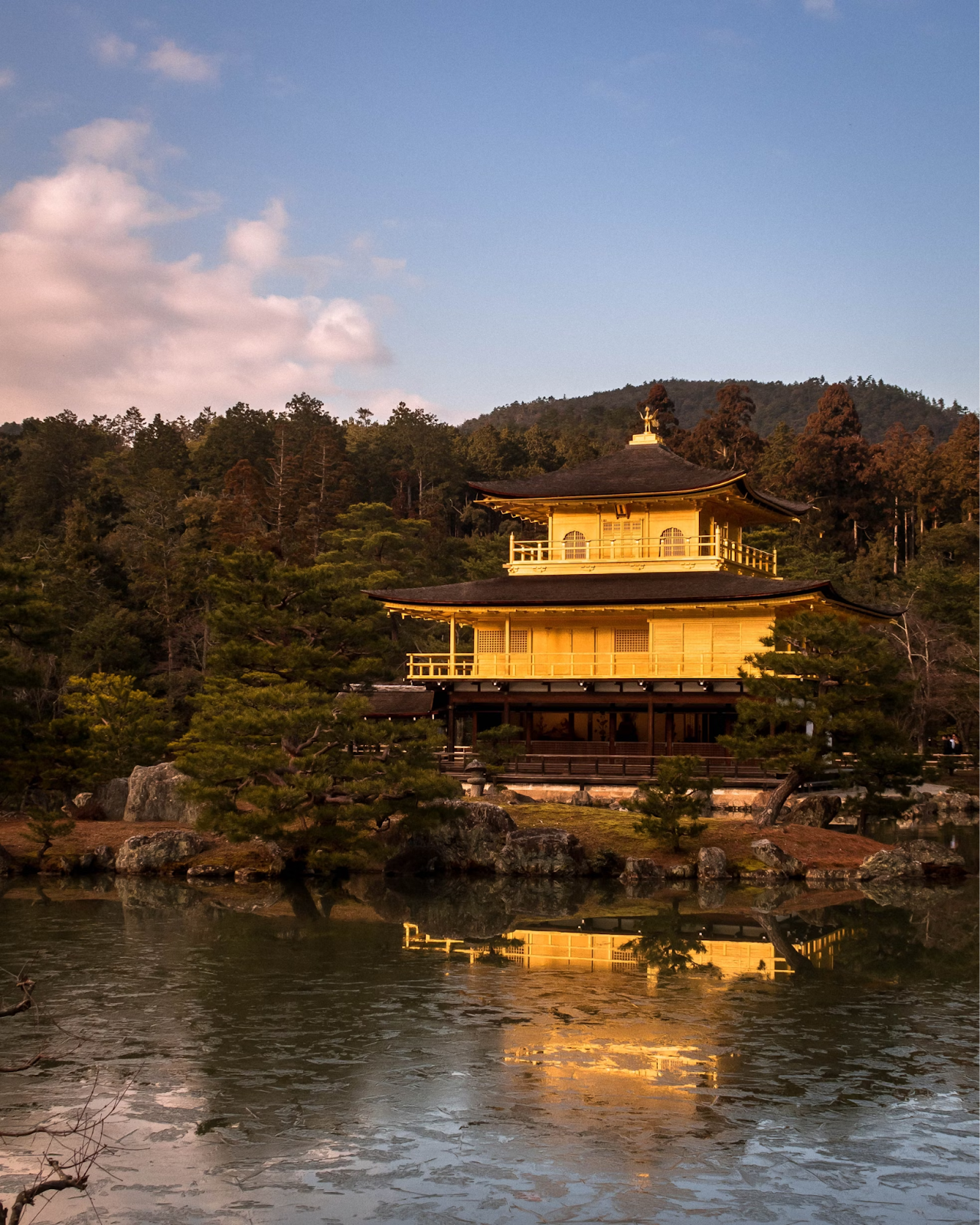 Beautiful lake view of Japanese temple at dusk