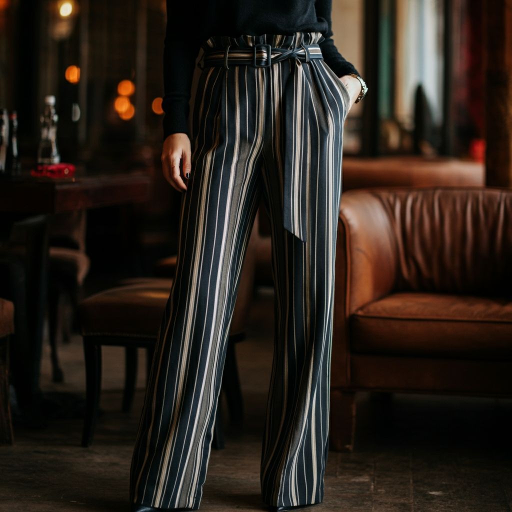 Striped trousers with a belt