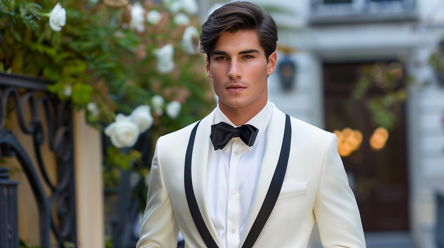 Man in a white band collar tuxedo shirt, no tie, styled creatively under a tuxedo or blazer, fashion-forward black-tie look in a trendy setting.