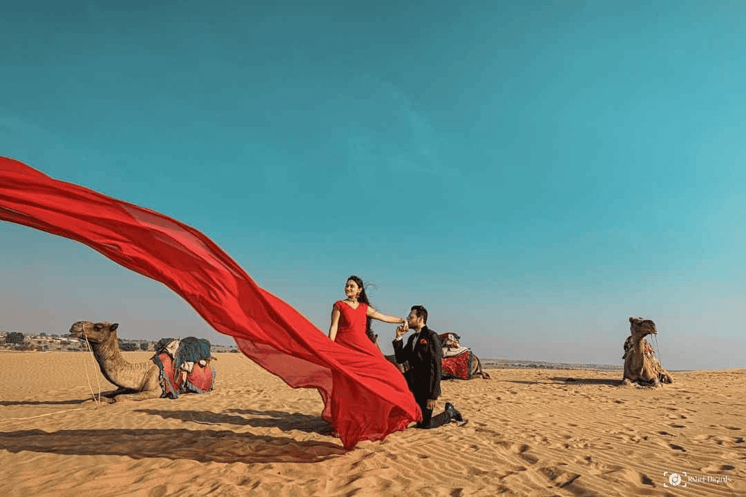 Beautiful pre-wedding couple pose at sunset, blending themes in Jodhpur