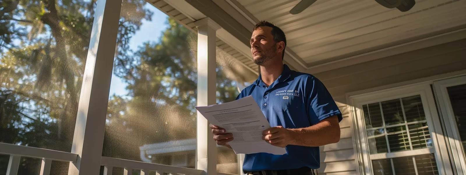 a contractor holding up their licensing and insurance documents, with eze-breeze system certifications prominently displayed, in front of a completed screen porch installation.