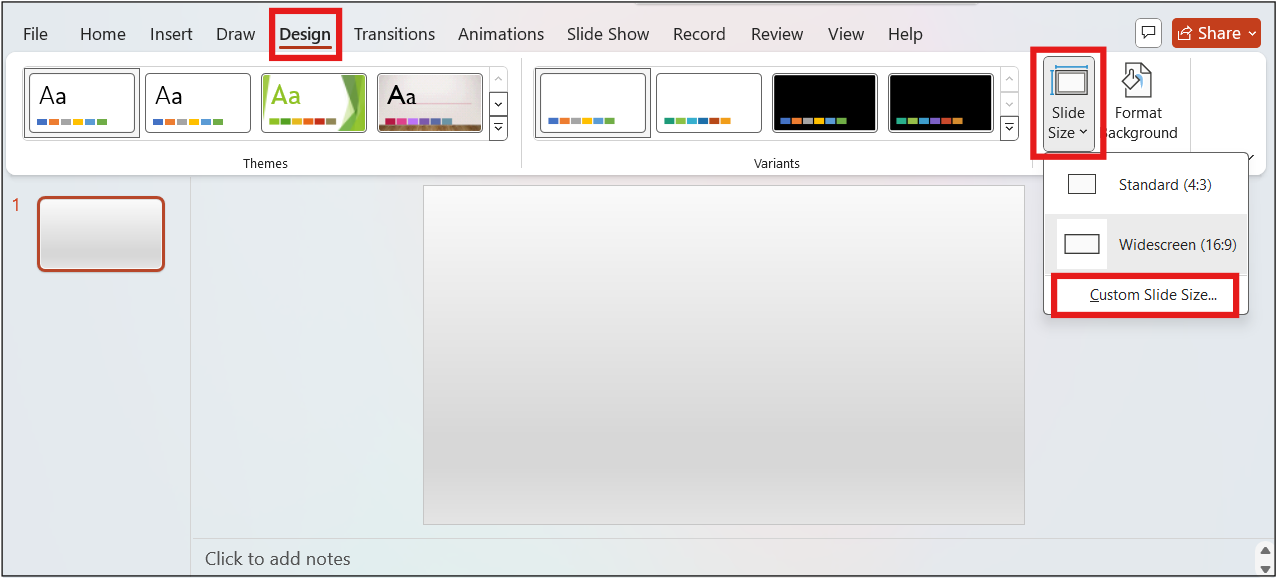 Slide Size Settings Option in PowerPoint under the Design menu. Custom Slide Size is hihglighted.