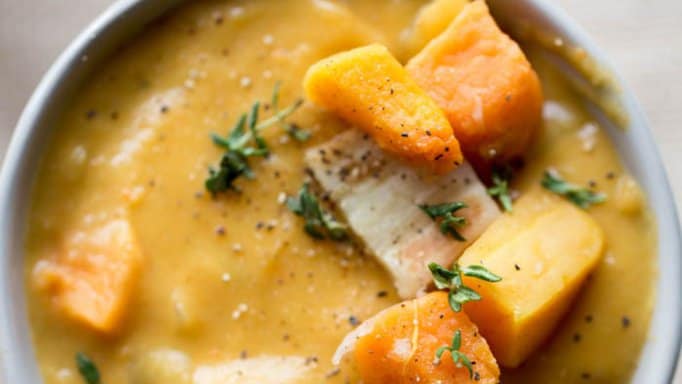 Rustic Roasted Winter Vegetable Chowder in a white bowl.