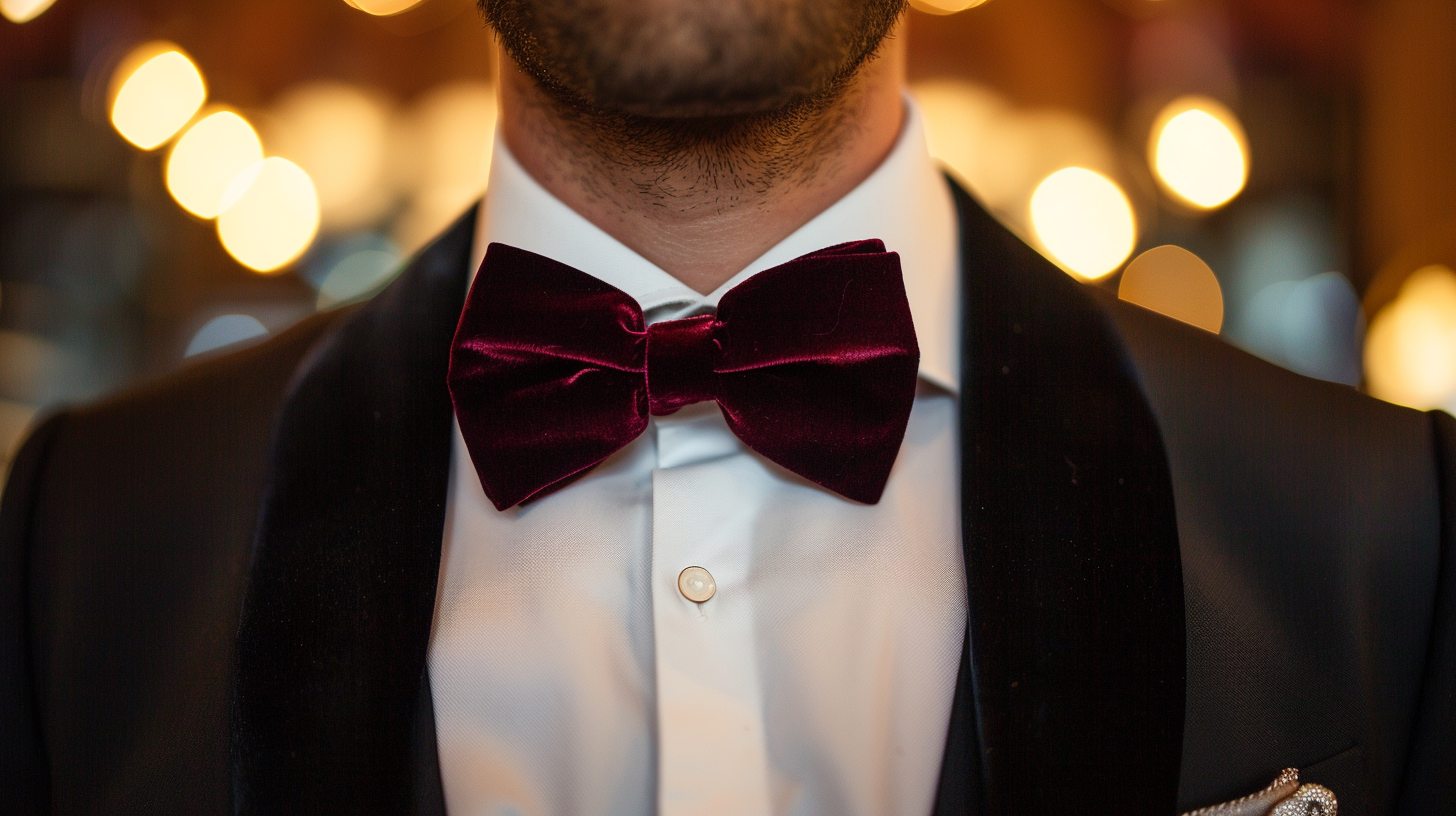 Elegant man wearing a burgundy velvet bow tie with a black tuxedo and white tux shirt, standing at a gala event or formal party, glamorous lighting and upscale venue, vintage-inspired flair