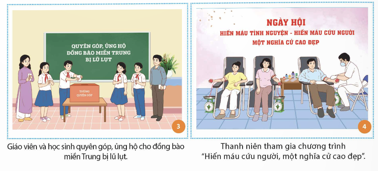 BÀI 3. TÍCH CỰC THAM GIA CÁC HOẠT ĐỘNG CỘNG ĐỒNGMỞ ĐẦUEm hãy kể lại tên những hoạt động, việc làm mà em và mọi người đã tham gia để giúp đỡ người khác. Đáp án chuẩn:Quyên góp quần áo, sách vở cho trẻ em vùng cao; hiến máu tình nguyện,...KHÁM PHÁ1. Em hãy đọc các thông tin sau và thực hiện yêu cầu:- Em hãy xác định mục đích, kết quả và ý nghĩa của các hoạt động được đề cập trong thông tin trên.- Em hãy chỉ ra những đối tượng có thể tham gia hoạt động cộng đồng- Hãy trình bày cách hiểu của em về hoạt động cộng đồng và giải thích vì sao phải tham gia hoạt động cộng đồng.Đáp án chuẩn:- Mục đích, kết quả, ý nghĩa:+ Mục đích: Hỗ trợ những ai cần sự giúp đỡ.+ Kết quả: có 5 triệu lượt chiến sĩ tham gia. + Ý nghĩa: mang lại ý nghĩa nhân văn sâu sắc. - Bất cứ ai, bất cứ độ tuổi nào cũng có thể tham gia các hoạt động cộng đồng- Hoạt động cộng đồng là những hoạt động được tổ chức bởi các cá nhân, tập thể, tổ chức để mang lại lợi ích chung cho cộng đồng.2. Em hãy quan sát hình ảnh, đọc các trường hợp sau và trả lời câu hỏi:Trường hợp 1:Bà H là thành viên của Hội Khuyến học, Hội Người cao tuổi và rất tích cực tham gia các hoạt động tại địa phương. Thấy bà dành thời gian quá nhiều cho hoạt động cộng đồng, con cháu bà có ý khuyên can. Một số người hàng xóm không muốn tham gia các hoạt động cộng đồng cho rằng, bà đã lớn tuổi, nên dành thời gian để nghỉ ngơi, chăm lo cho bản thân và gia đình.”Trường hợp 2:Bạn N, bạn T, bạn H là nhóm bạn chơi thân với nhau, học tốt và chăm chỉ luyện tập thể thao. Tuy nhiên, cả ba bạn đều rất ngại tham gia hoạt động cộng đồng và luôn tìm lí do để không tham gia các hoạt động vì cộng đồng do trường, lớp và địa phương tổ chức.”- Từ các hình ảnh trên, em hãy cho biết ở trường, lớp, địa phương của em đã tổ chức những hoạt động nào? Em đã tham gia những hoạt động nào?- Những việc nào mà em cảm thấy hài lòng và chưa hài lòng về tinh thần, thái độ của mọi người khi tham gia những hoạt động cộng đồng?- Em suy nghĩ như thế nào về hành vi, việc làm của các nhân vật trong trường hợp 1, 2 và đưa ra lời khuyên nào đối với những nhân vật chưa tích cực tham gia các hoạt động cộng đồng?Đáp án chuẩn:- Quyên góp, ủng hộ cho người có hoàn cảnh khó khăn;… Em đã tham gia hoạt động “Kế hoạch nhỏ”.- Tích cực, đều hướng tới giá trị nhân văn. - Em chưa hài lòng khi có một số ít người tham gia các hoạt động hời hợt. - TH1: Bà H hành động đúng nhưng hành vi đang sai lệch và không tốt. - TH2 và TH3: Các học sinh không đúng, chưa tham gia nhiệt tình. => Nên chủ động tích cực tham gia các hoạt động, hỗ trợ mọi người. 3. Em hãy lựa chọn một hoạt động cộng đồng phù hợp với bản thân để xây dựng kế hoạch tham gia hoạt động đó.Đáp án chuẩn:KẾ HOẠCHTên hoạt động: ủng hộ sách vở, đồ dùng học tập cho học sinh vùng cao1. Mục đích của hoạt động: Thể hiện tấm lòng yêu thương, rèn luyện về thói quen tiết kiệm. 2. Nhiệm vụ có thể tham gia:2.1. Nhiệm vụ 1: kêu gọi các bạn trong lớp, trong trường tham gia vào hoạt động2.2. Nhiệm vụ 2: phân loại các loại sách vở, đồ dùng học tập sau khi đã nhận được sự quyên góp, ủng hộ3. Thời gian, địa điểm thực hiện: Trong vòng 2 tuần tại trường học…LUYỆN TẬP