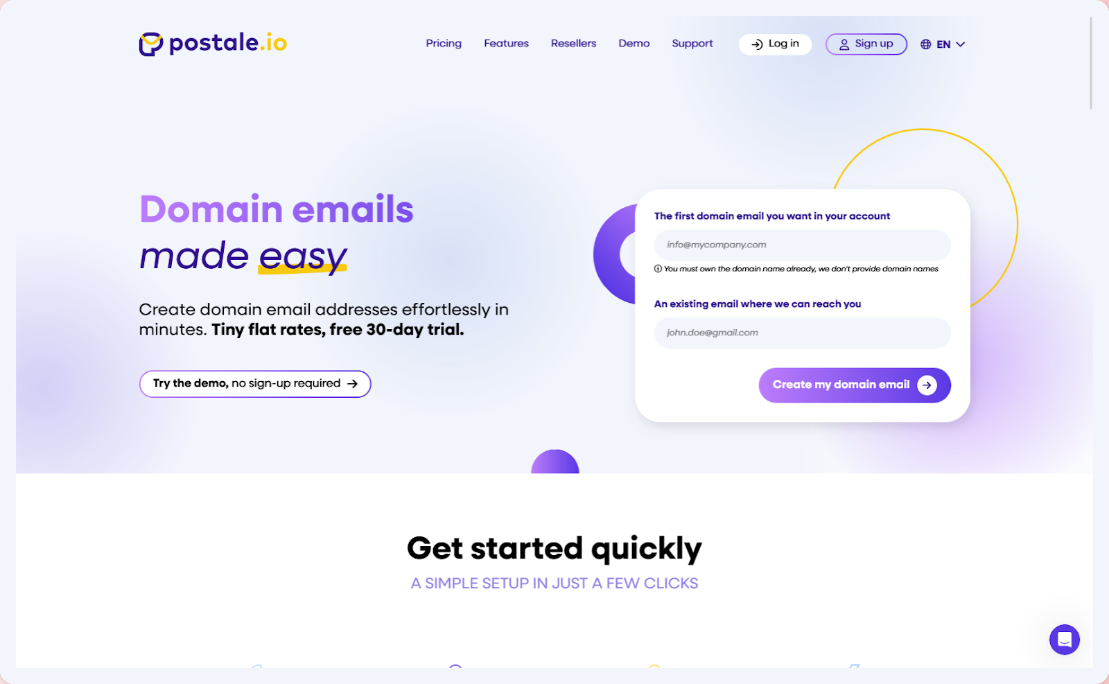 A screenshot of the Postale.io homepage where you set up your custom email address