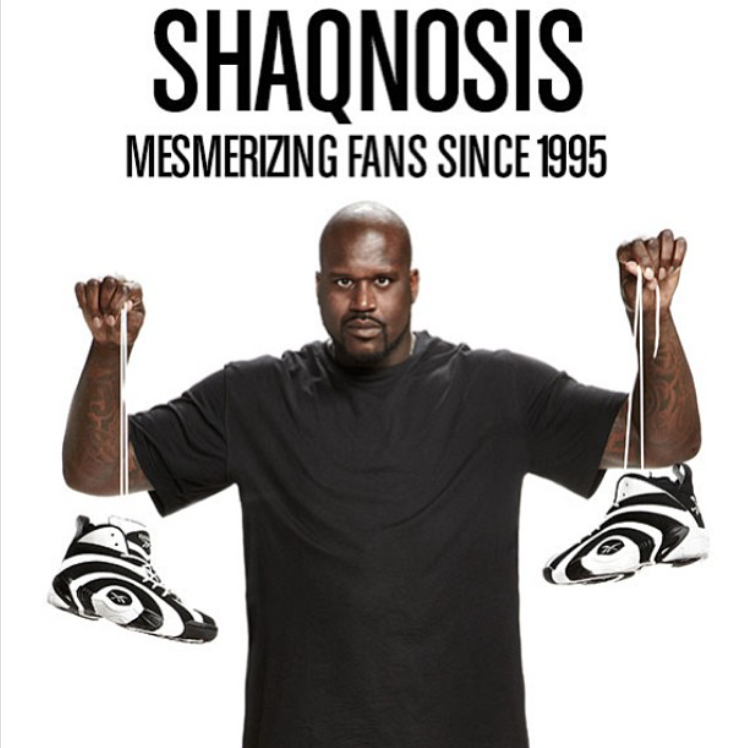 Shaquille O'Neal em campanha publicitária de seu tênis lançado pela Reebok em 1995, o Shaqnosis