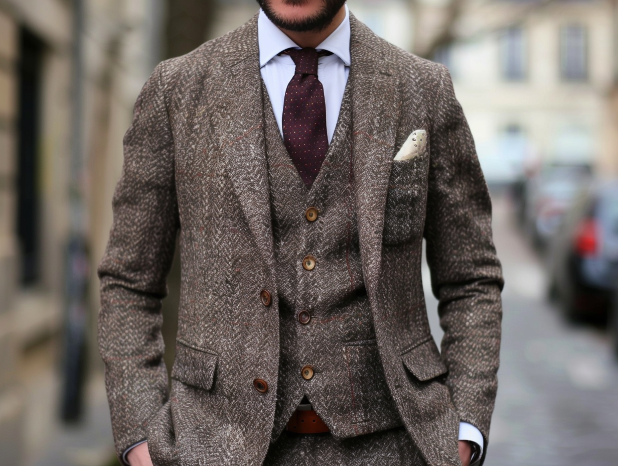 A man wearing a single-breasted suit jacket with a single row of buttons and a slim overlap in front. The look is modern and versatile, appropriate for both business and casual settings, styled with clean lines and tailored fit.