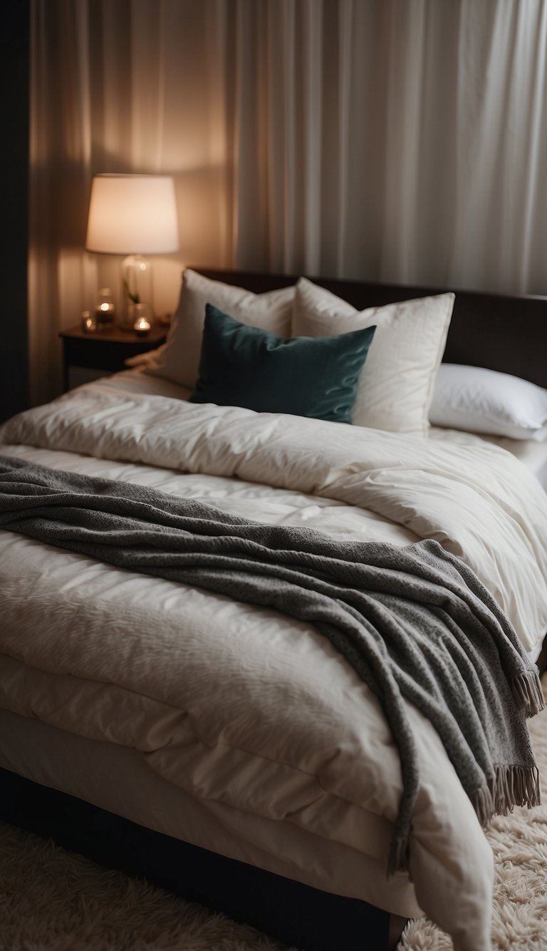 A bed with decorative throw pillows, soft lighting, and cozy atmosphere for a couple's bedroom