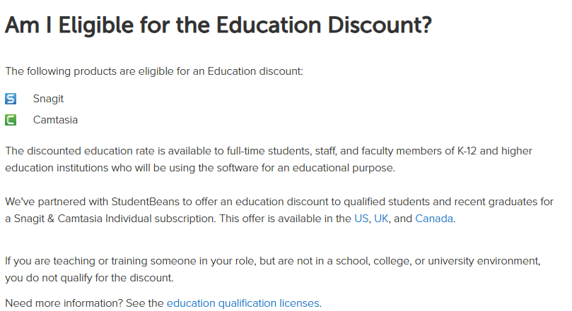 Camtasia Education discount
