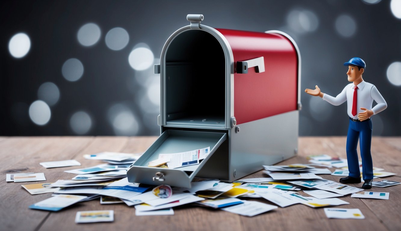 A mailbox with an open door and an empty interior, surrounded by scattered mail and a puzzled delivery person