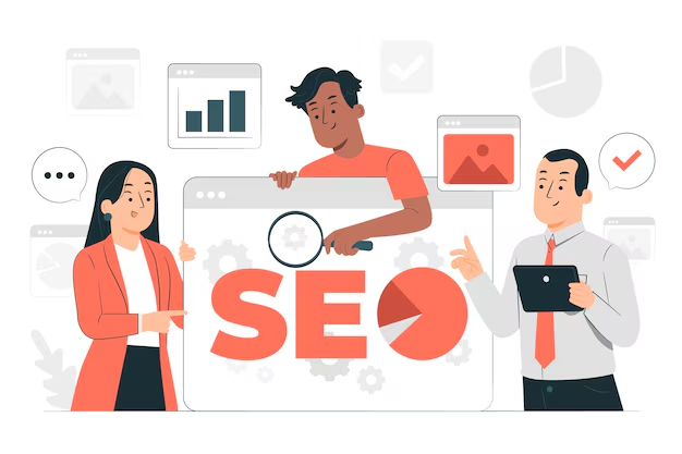 Illustration of people analyzing SEO