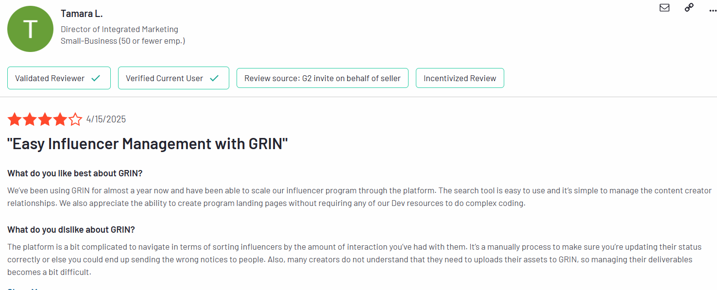 GRIN user reviews on G2