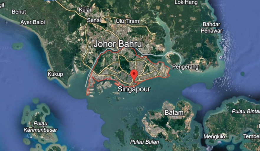 Vue satellite de Singapour et de ses villes transfrontalières Johor Bahru et Batam.
