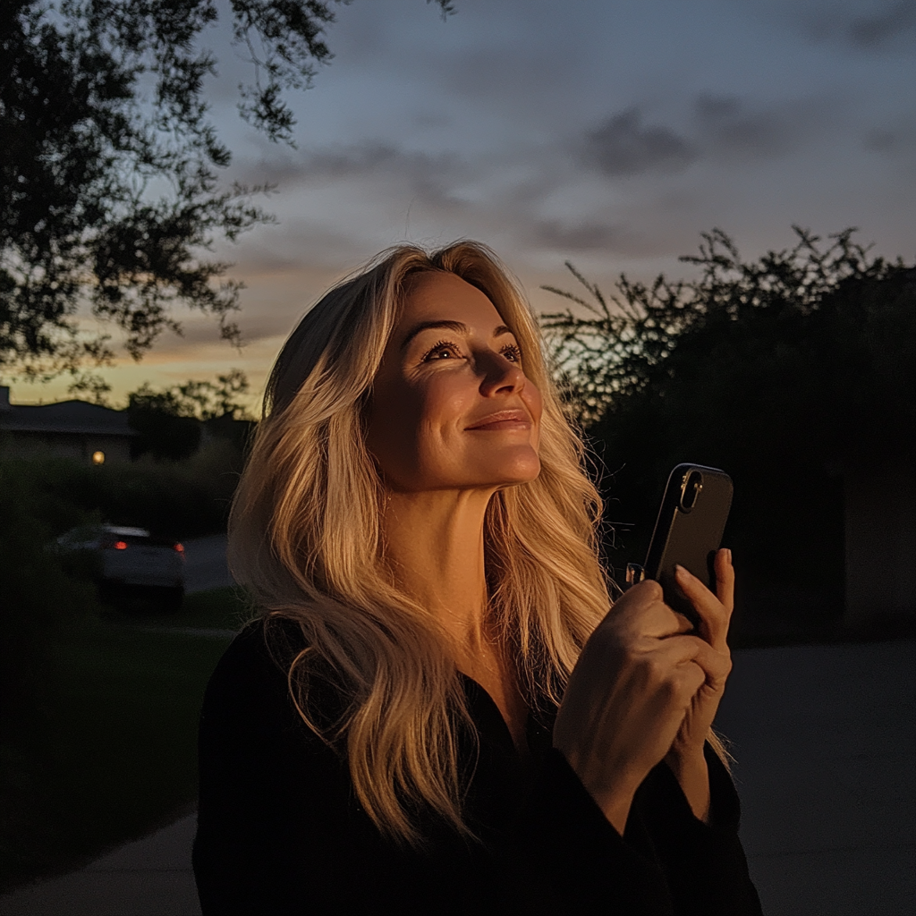 A woman holding her phone up | Source: Midjourney